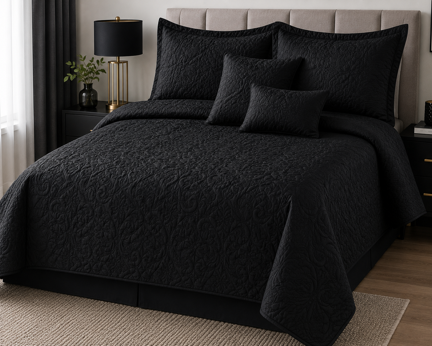 Black embossed quilted 5 piece bed set with matching pillow shams