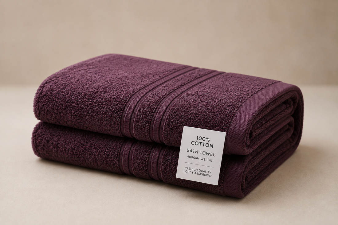 Folded plum-coloured 100% cotton bath towel, 400gsm weight